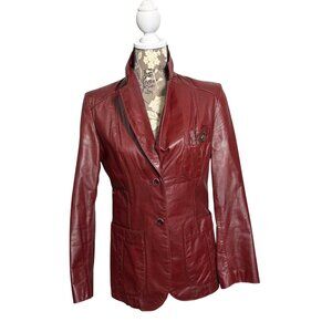 Vintage 70s ETIENNE AIGNER Womens Oxblood Leather Jacket Blazer Button Logo FLAW
